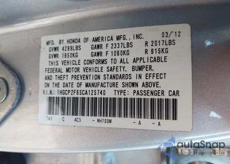 2012 Honda Accord 2.4 Se из США, поврежденный, VIN 1HGCP2F65CA125740